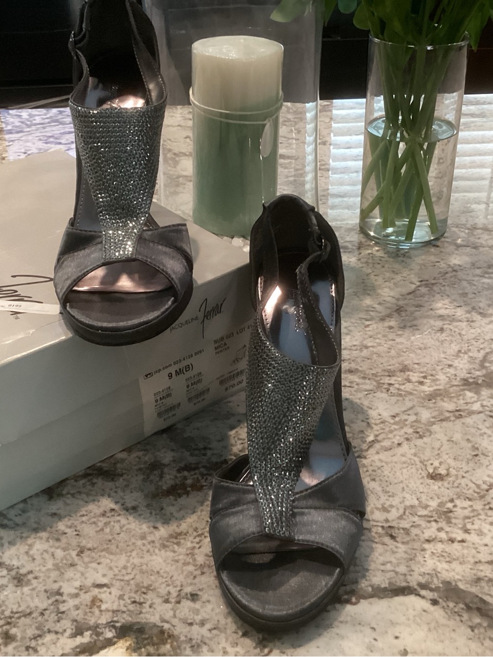 Jacqueline Ferrar Silver Crystal T-Strap Heels